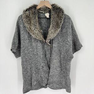CHICO'S Lillian Gray Wool Blend Short Sleeve Cardigan Faux Fur Collar 3 XL/16